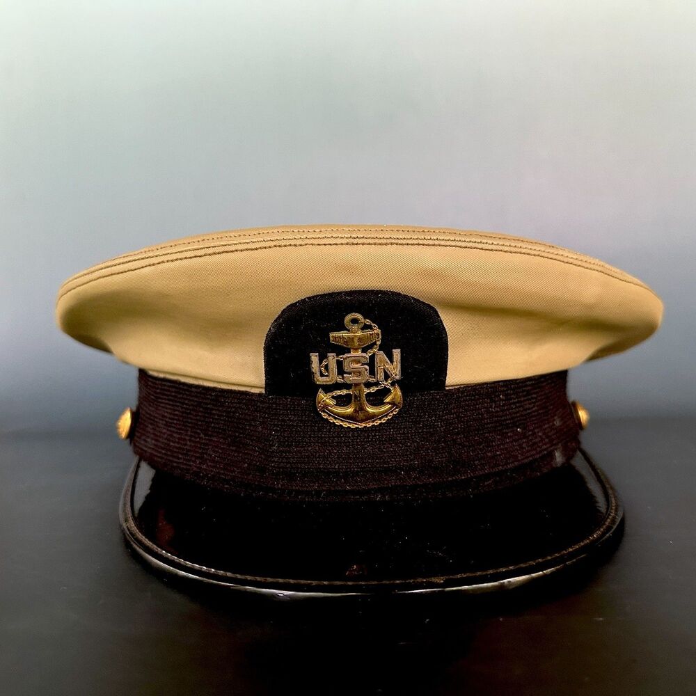 Vintage USN Navy Chief Petty Officer CPO Khaki Hat Cap Named Service Wear SKC